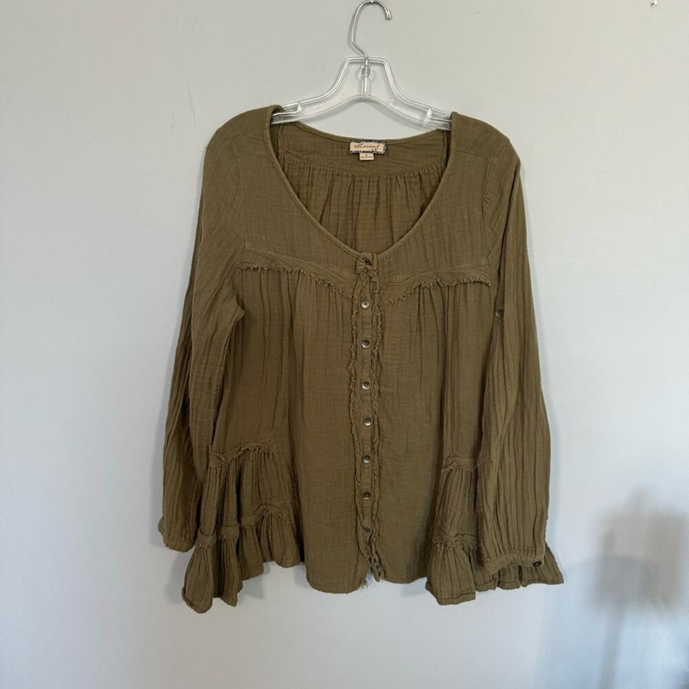 Ethereal Raw Edge Long Sleeve Top Size Small Olive Military Green